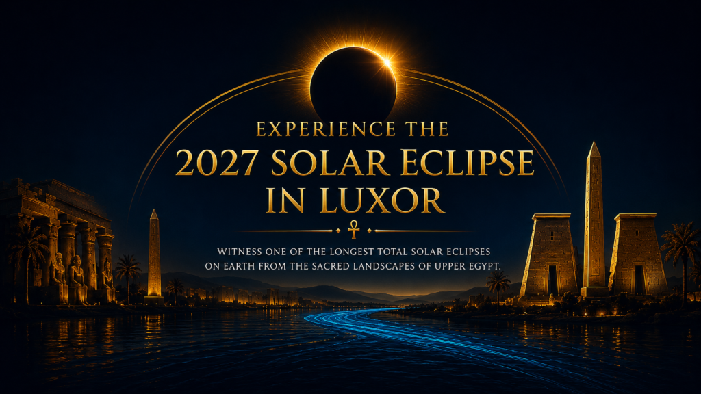 Experience the 2027 Solar Eclipse in Luxor banner with glowing eclipse and ancient temples.