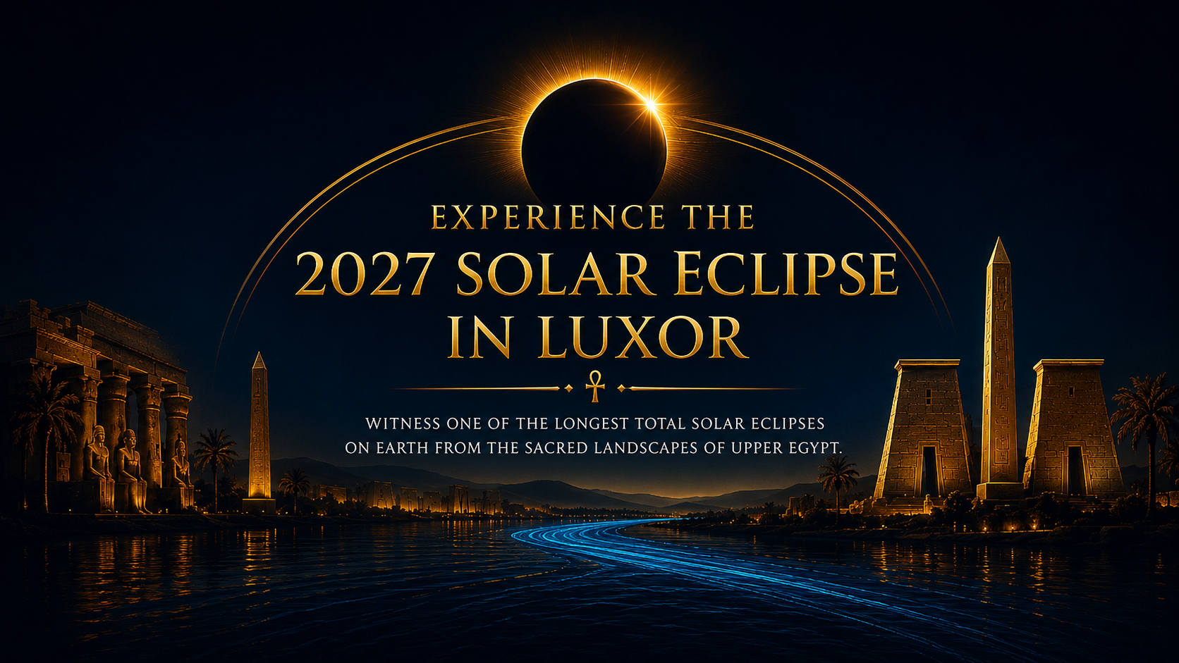 Experience the 2027 Solar Eclipse in Luxor banner with glowing eclipse and ancient temples.