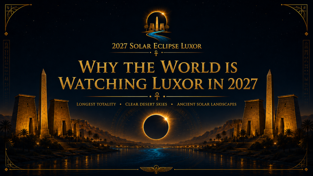 Why the World is Watching Luxor in 2027 banner listing longest totality and clear desert skies.